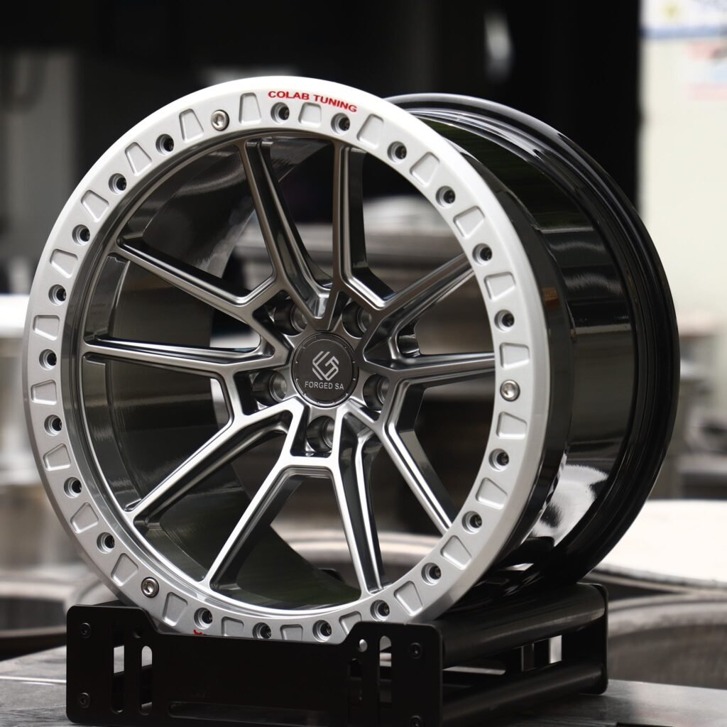 Chevrolet Camaro wheels – Gunmetal Multi-Spoke Silver Ring Beadlock (Forged SA-Style), angled view