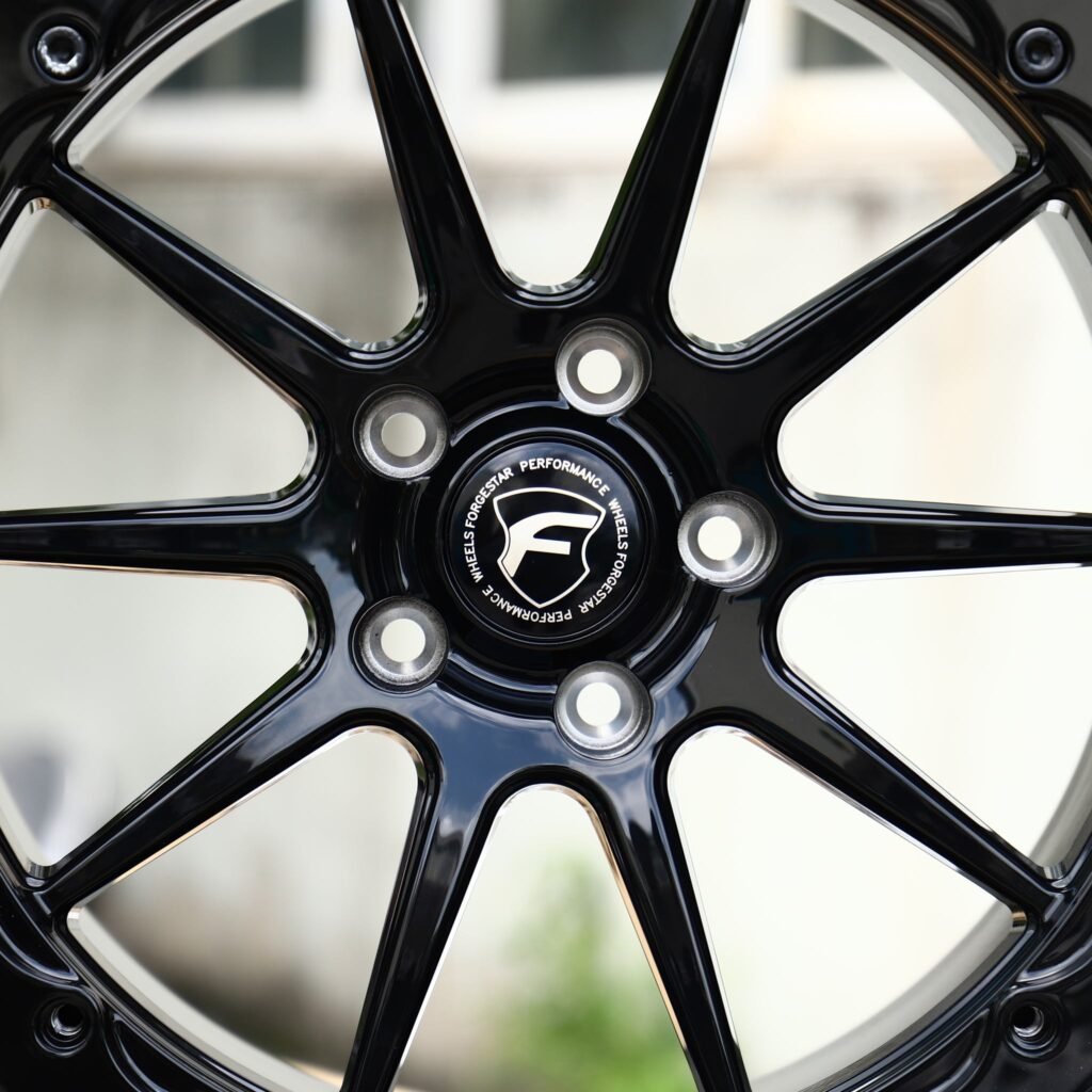 Tesla Model 3 wheels – Gloss Black 9-Spoke Beadlock (Forgestar-Style), lip and barrel detail