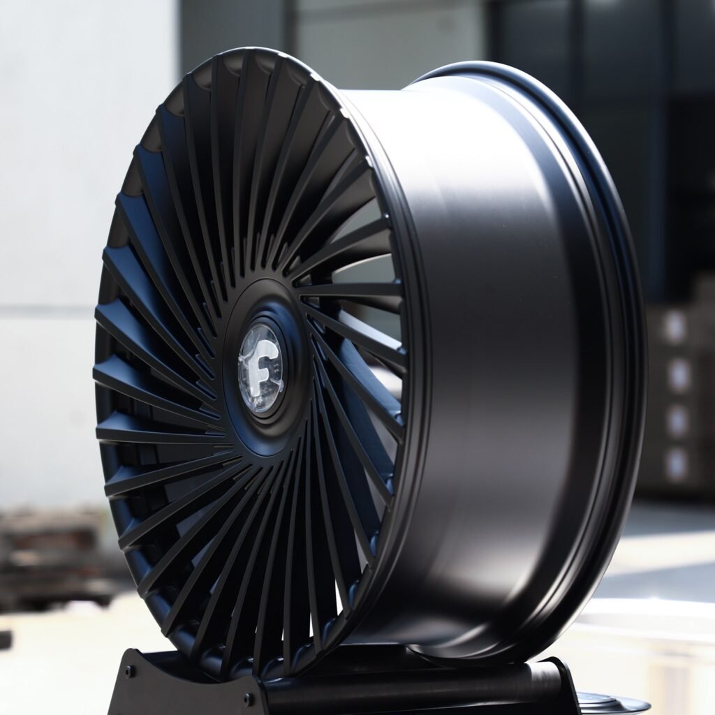 5x114.3 wheels – Satin Black Swirl Multi-Spoke Floating Cap (Forgiato-Style), side view
