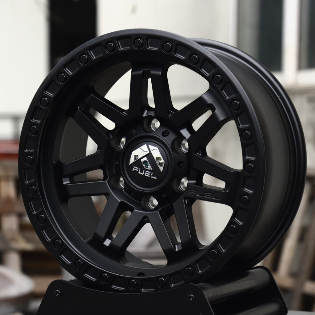 Toyota Land Cruiser 300 wheels – Matte Black 6 Split-Spoke (Fuel-Style), close-up view