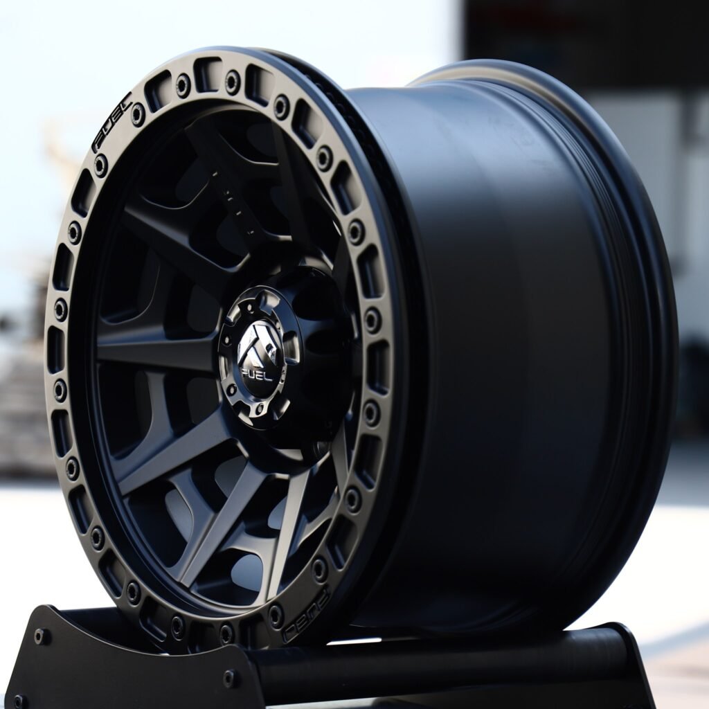 6x139.7 wheels – Matte Black Offset-Spoke Bolt Ring Beadlock (Fuel-Style), side view