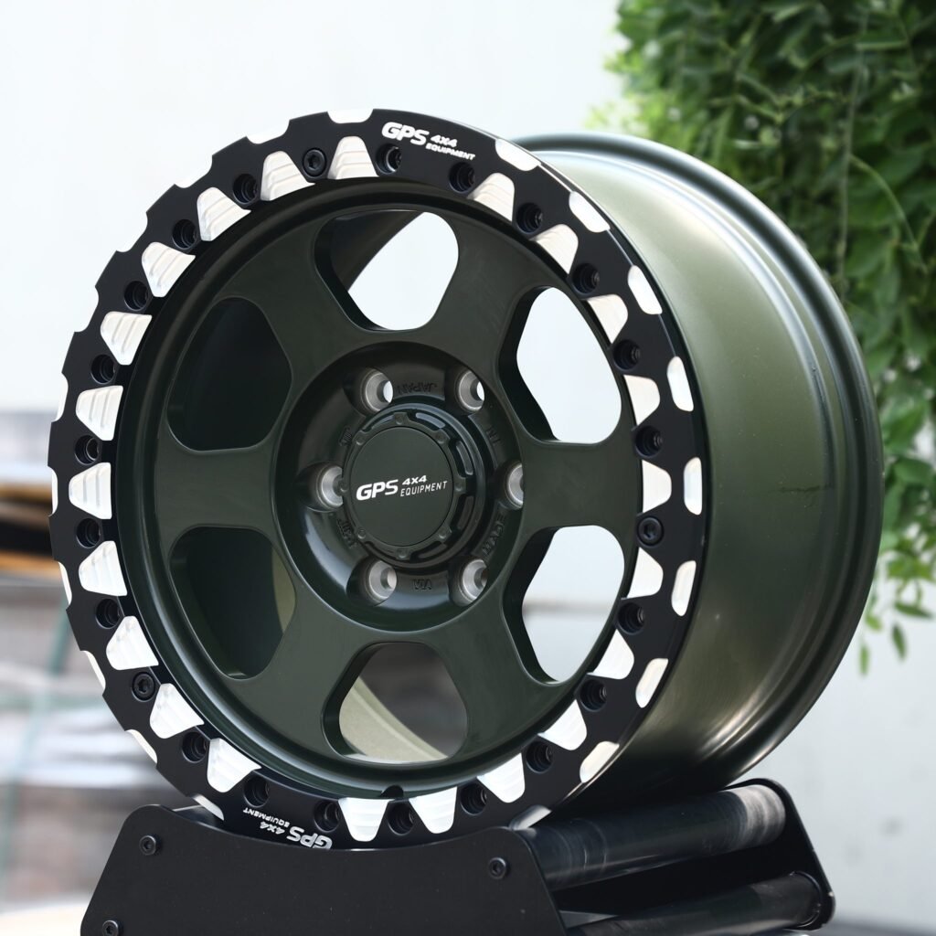 Lexus GX wheels – Army Green 6-Spoke Beadlock (GPS 4×4-Style), angled view