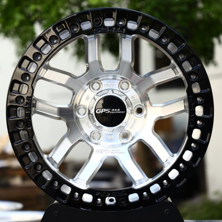 Lexus GX wheels – Polished Split-Spoke Black Bolted Ring Beadlock (GPS-Style), front view