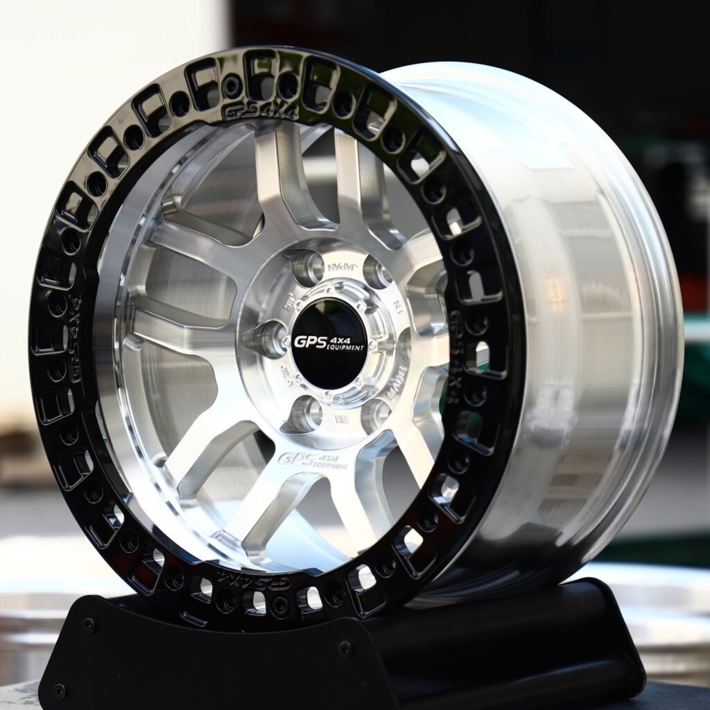 Lexus LX wheels – Polished Split-Spoke Black Bolted Ring Beadlock (GPS-Style), angled view