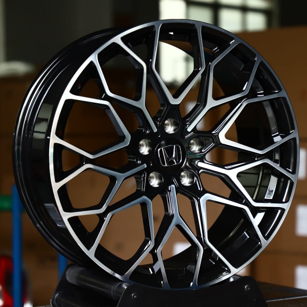 Honda Civic wheels – Gloss Black Machined Multi-Spoke (Honda OEM-Style), angled view