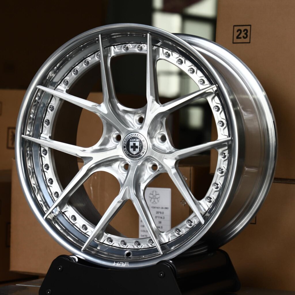 BMW 5 Series wheels – 2-Piece Brushed 5 Y-Spoke Riveted Lip Black Cap (HRE-Style), angled view