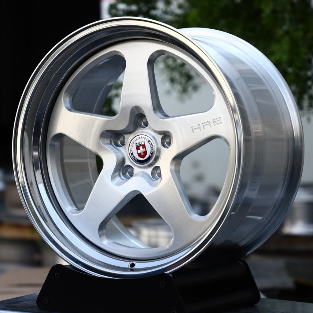 Audi RS5 wheels – 2-Piece Brushed Silver 5-Spoke Polished Lip (HRE-Style), angled view