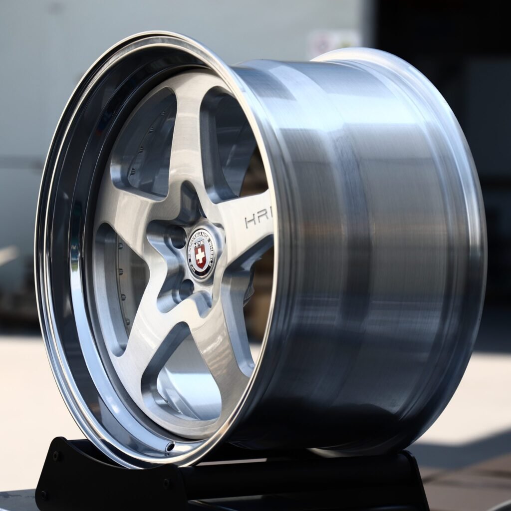 5x120 wheels – 2-Piece Brushed Silver 5-Spoke Polished Lip (HRE-Style), side view
