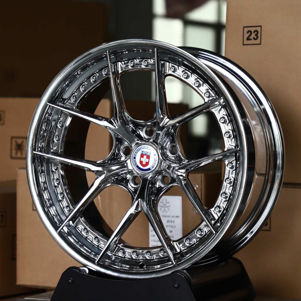 BMW 3 Series wheels – 2-Piece Chrome 5 Y-Spoke Riveted Lip (HRE-Style), angled view