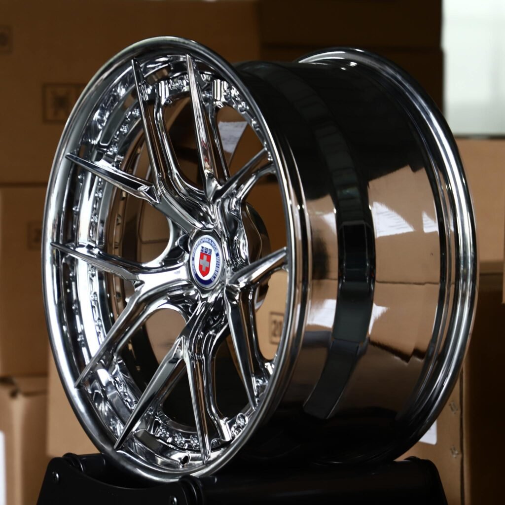 5x112 wheels – 2-Piece Chrome 5 Y-Spoke Riveted Lip (HRE-Style), side view