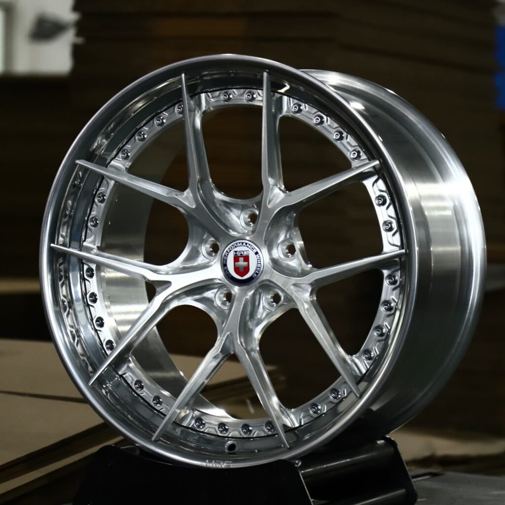 Porsche Panamera wheels – 2-Piece Polished 5 Y-Spoke Riveted Lip (HRE-Style), angled view