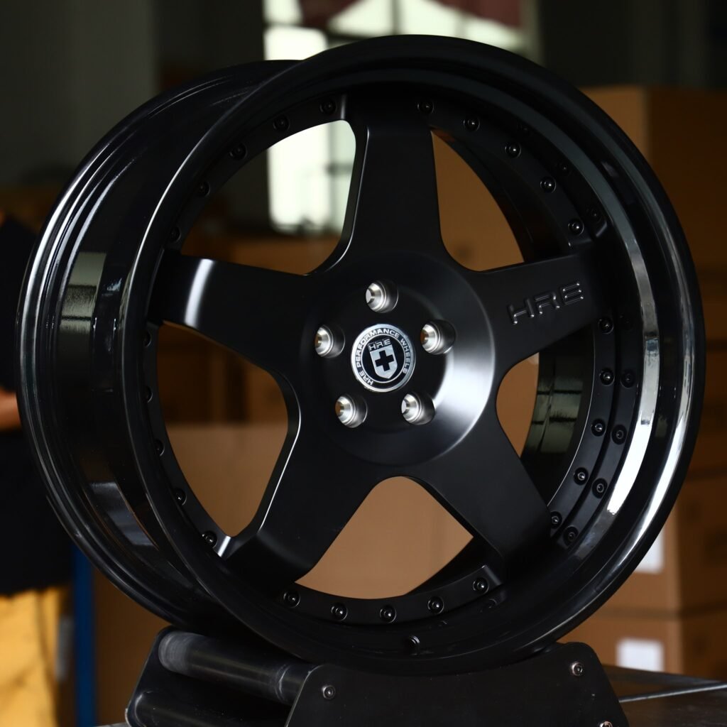 Porsche Macan wheels – 2-Piece Satin Black 5-Spoke Riveted Lip (HRE-Style), angled view
