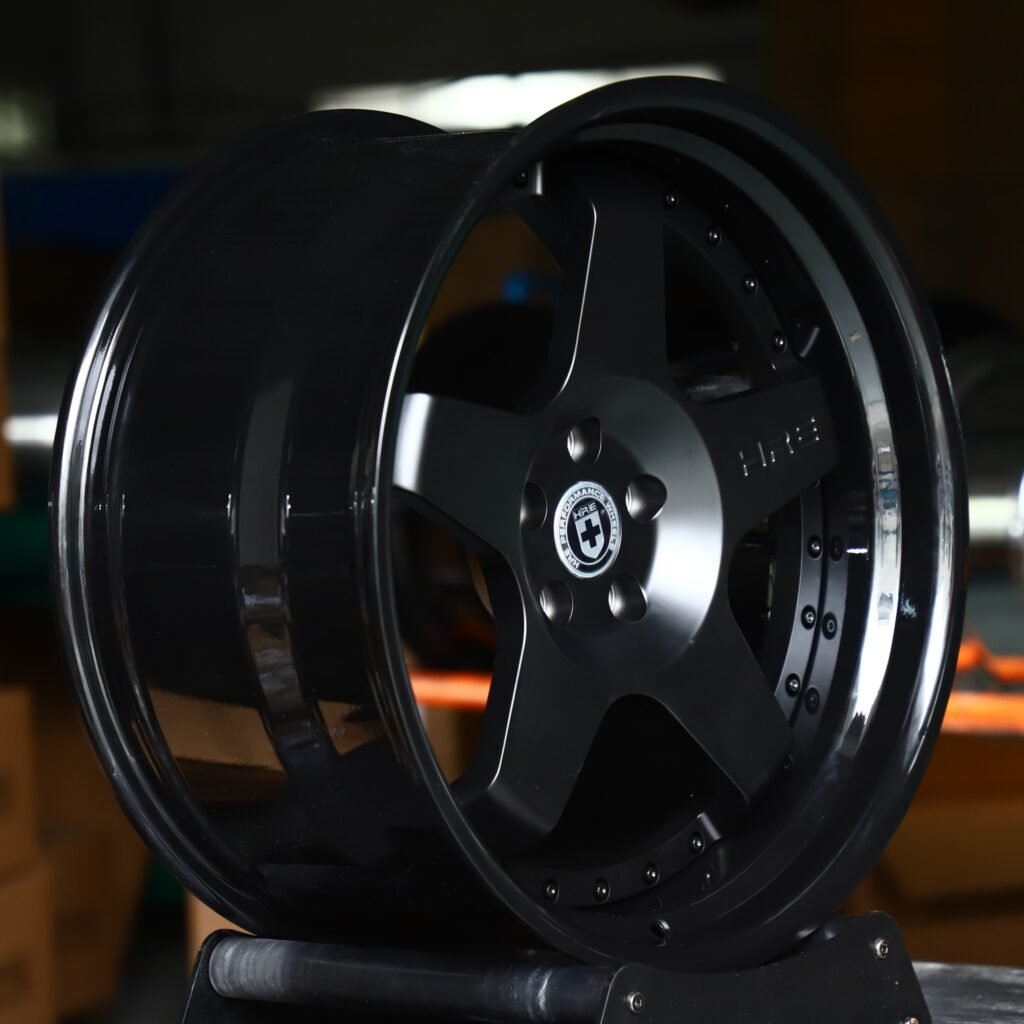 5x130 wheels – 2-Piece Satin Black 5-Spoke Riveted Lip (HRE-Style), side view