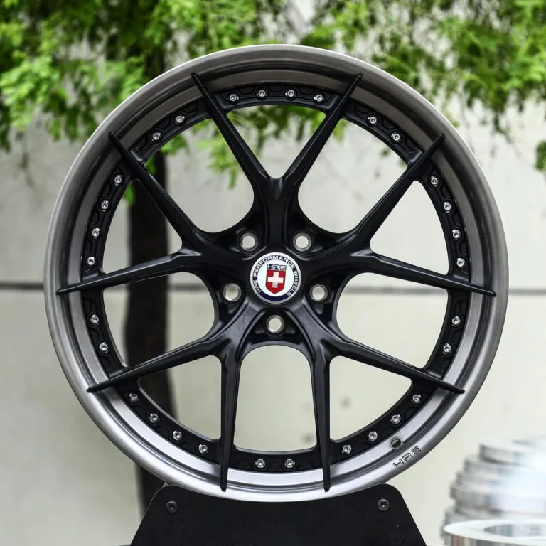 Toyota Supra wheels – 2-Piece Satin Black 5 Y-Spoke Riveted Gunmetal Lip (HRE-Style), front view