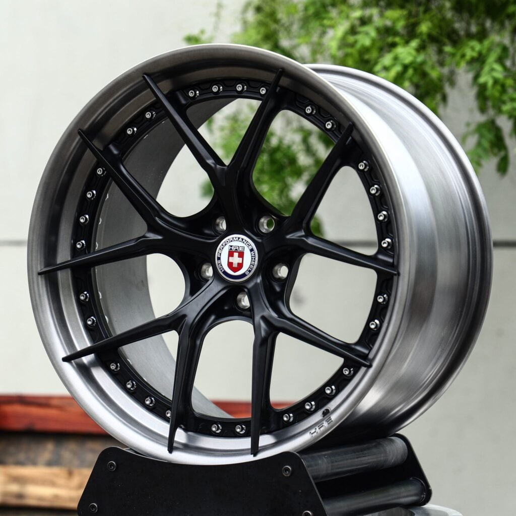 Nissan GT-R wheels – 2-Piece Satin Black 5 Y-Spoke Riveted Gunmetal Lip (HRE-Style), angled view