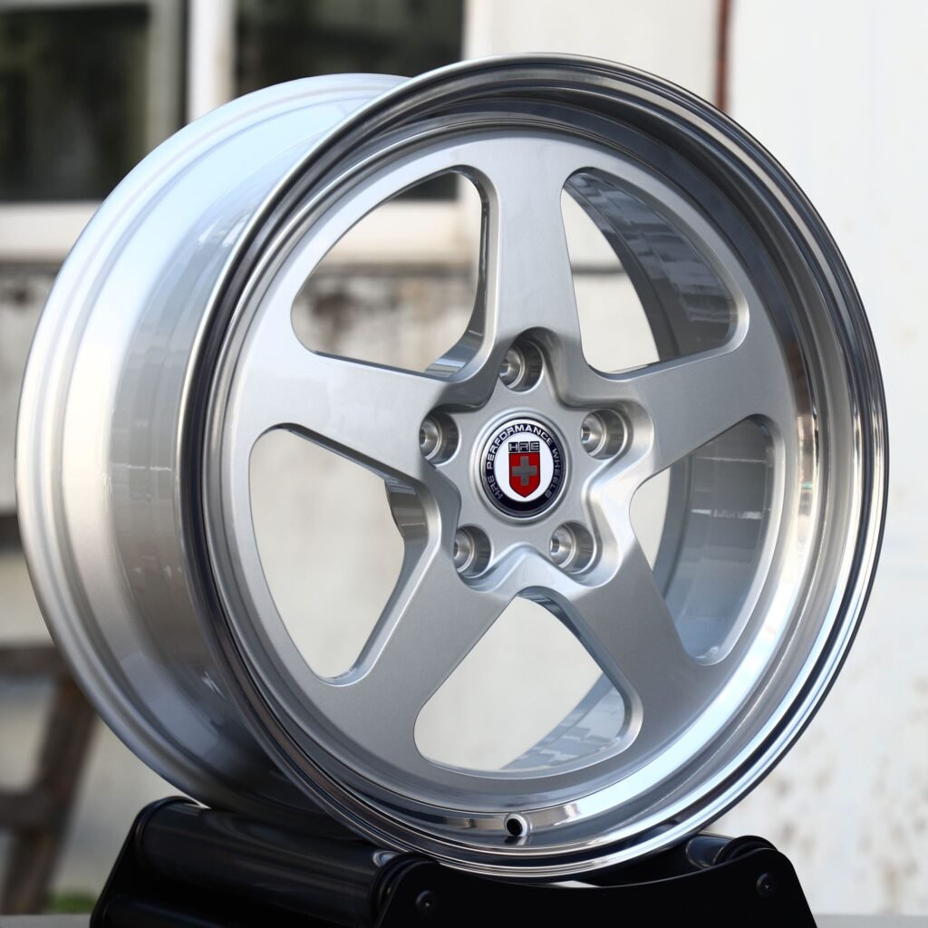 Volkswagen Golf wheels – Bright Silver 5-Spoke Polished Deep Lip (HRE-Style), angled view