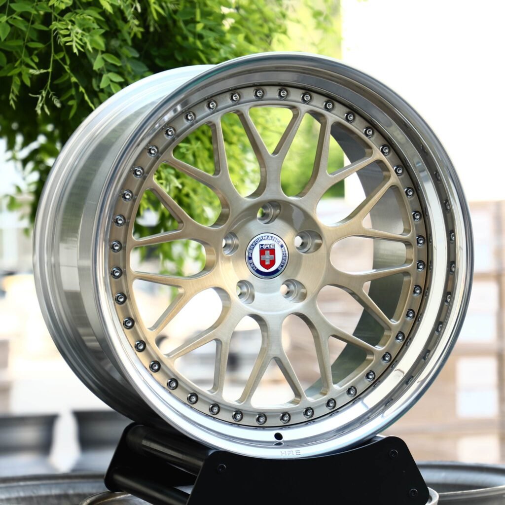 Audi RS5 wheels – Brushed Champagne Mesh 2-Piece Riveted Deep Lip (HRE-Style), angled view