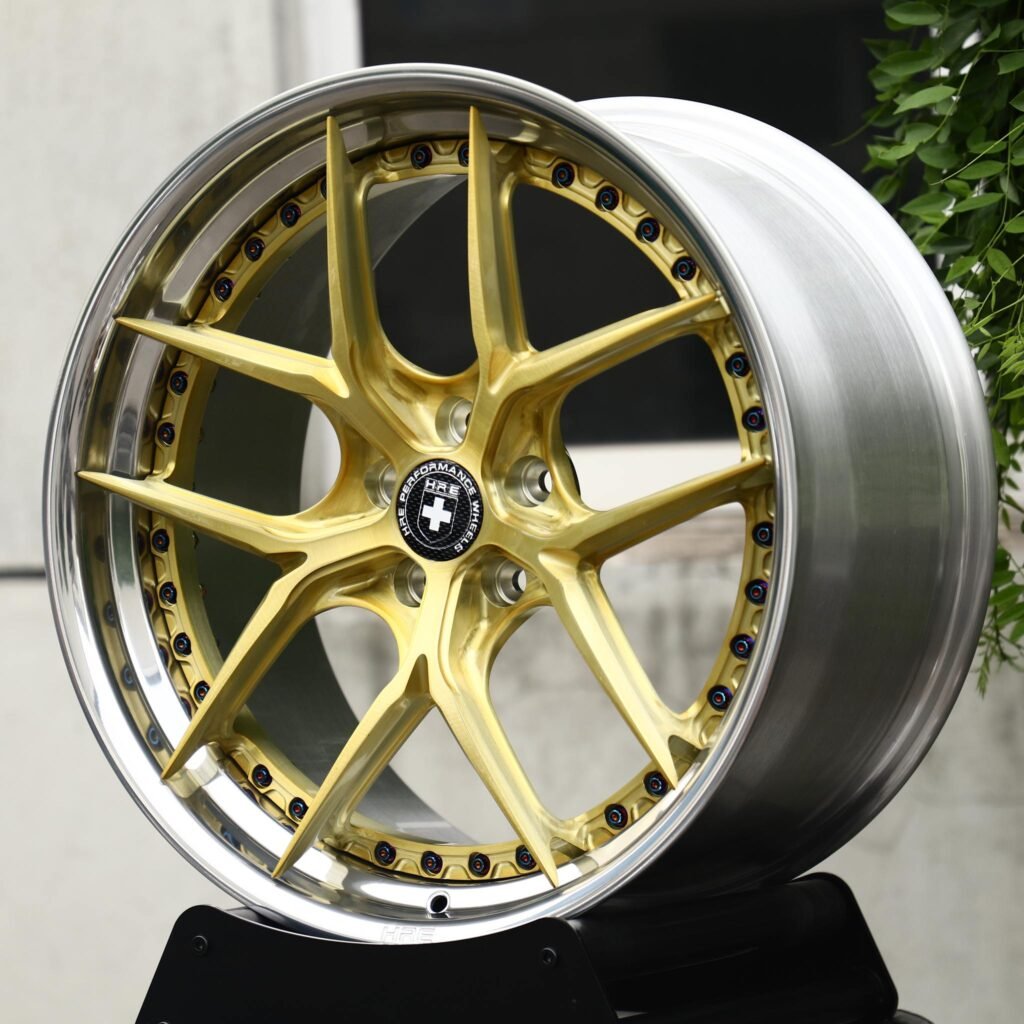 BMW M3 wheels – Brushed Gold 5 Y-Spoke 2-Piece Black Rivet (HRE-Style), angled view