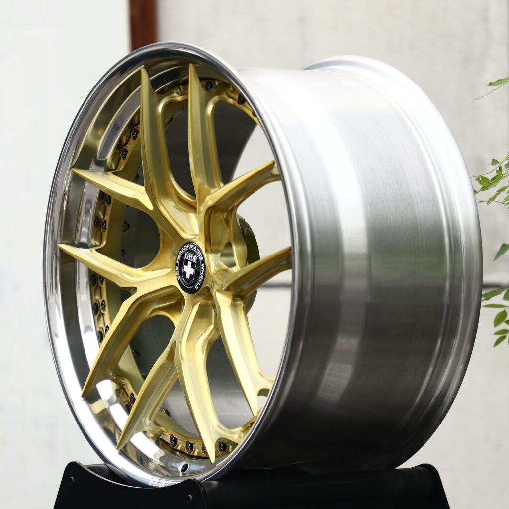 5x130 wheels – Brushed Gold 5 Y-Spoke 2-Piece Black Rivet (HRE-Style), side view