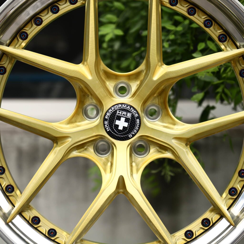 BMW M4 F82 wheels – Brushed Gold 5 Y-Spoke 2-Piece Black Rivet (HRE-Style), lip and barrel detail