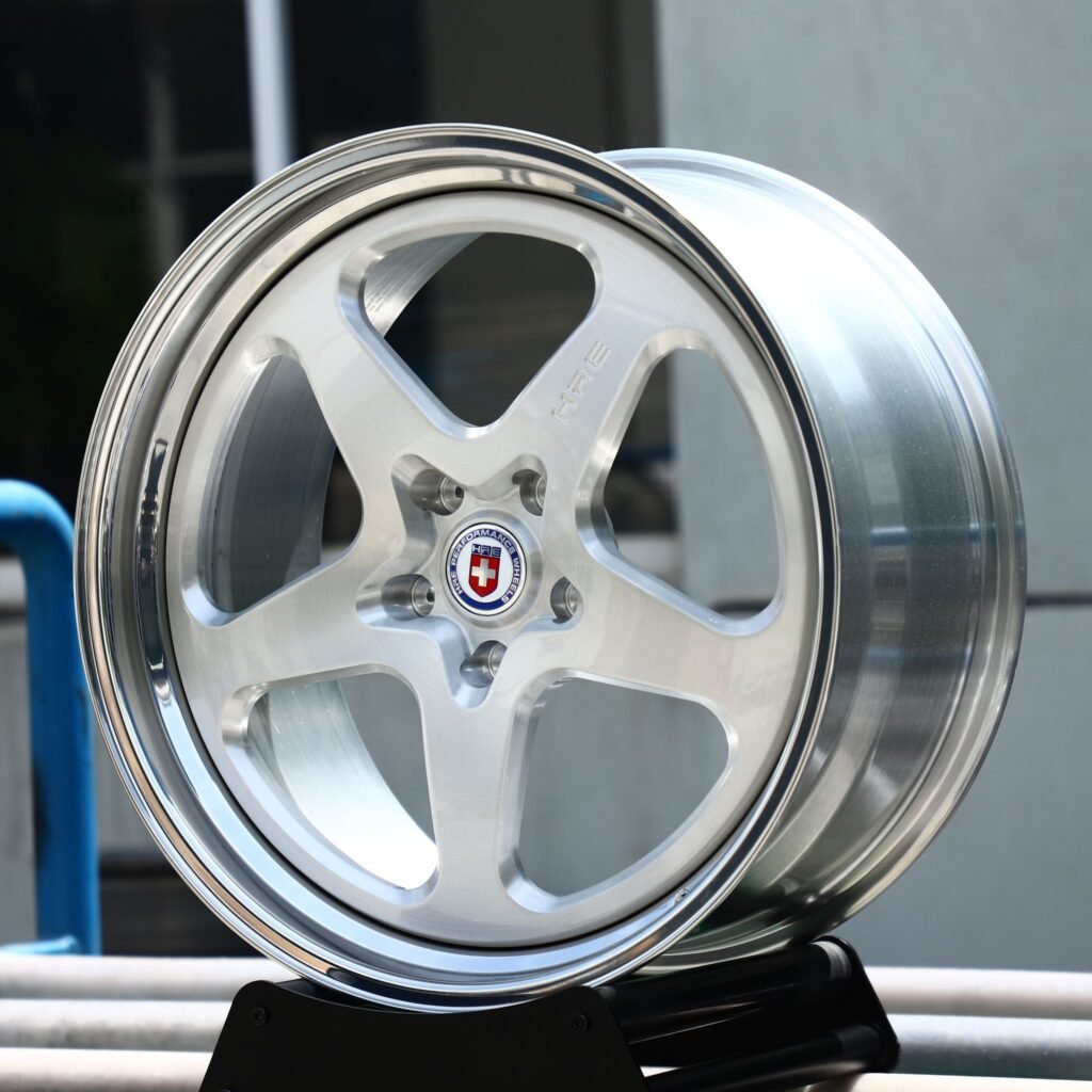 BMW M3 wheels – Brushed Silver 5-Spoke 2-Piece Polished Lip (HRE-Style), angled view