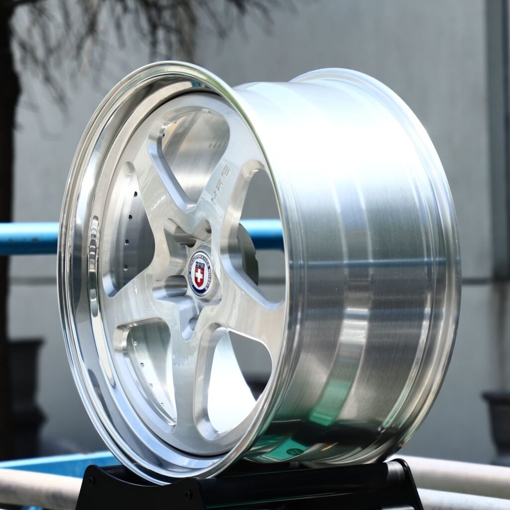 5x130 wheels – Brushed Silver 5-Spoke 2-Piece Polished Lip (HRE-Style), side view
