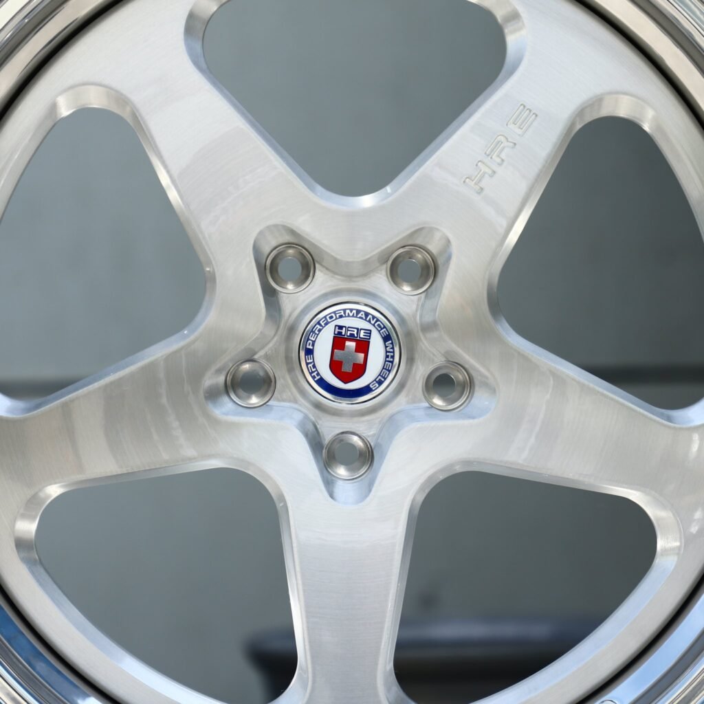 BMW M4 F82 wheels – Brushed Silver 5-Spoke 2-Piece Polished Lip (HRE-Style), lip and barrel detail