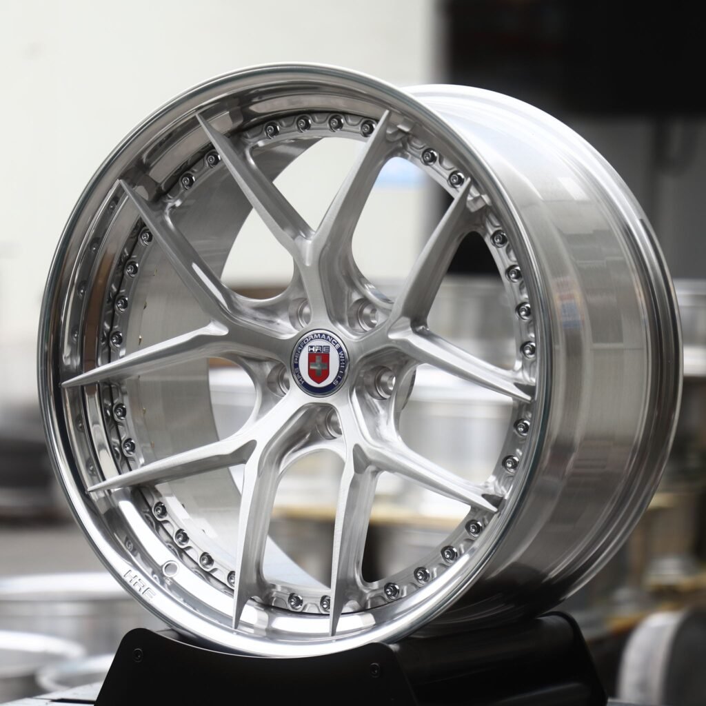 Porsche 911 wheels – Brushed Silver 5 Y-Spoke 2-Piece Riveted (HRE-Style), angled view