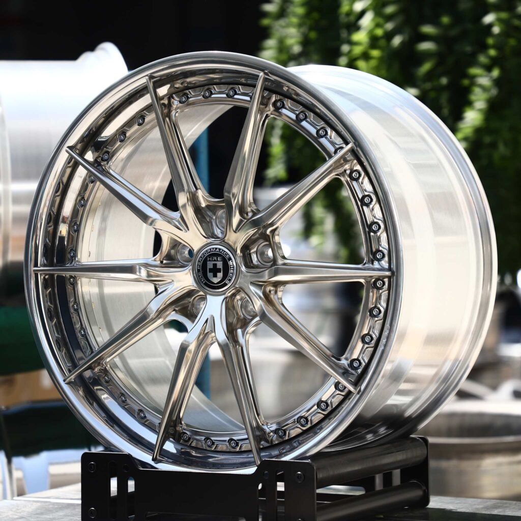 Audi R8 wheels – Mirror Polished 10-Spoke 2-Piece Riveted (HRE-Style), angled view