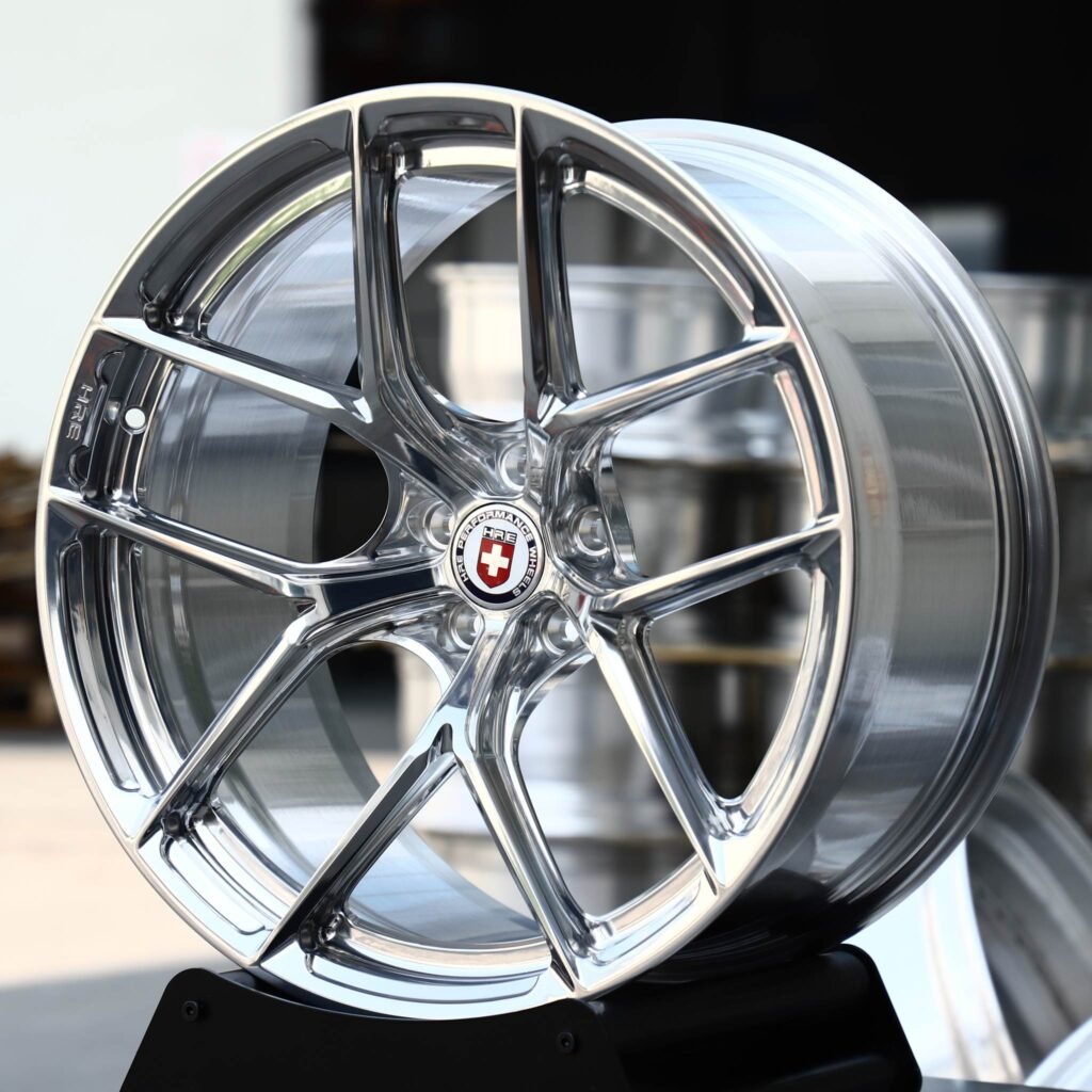 Hyundai Genesis wheels – Polished 5 Split Y-Spoke (HRE-Style), angled view