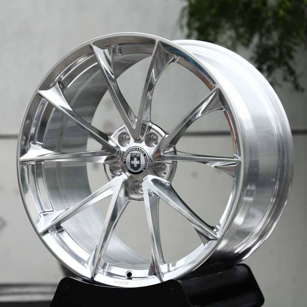 BMW M3 wheels – Polished Twin 5-Spoke Blade (HRE-Style), angled view