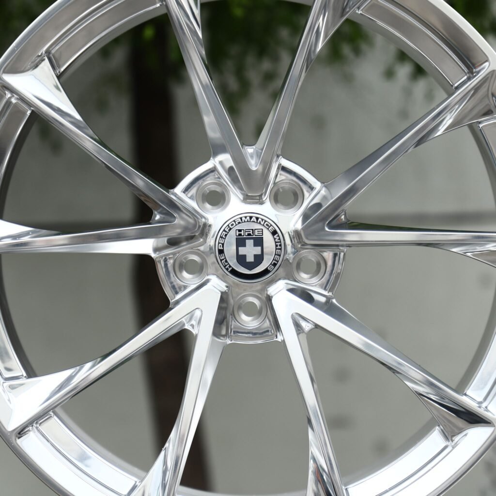 BMW M4 F82 wheels – Polished Twin 5-Spoke Blade (HRE-Style), lip and barrel detail