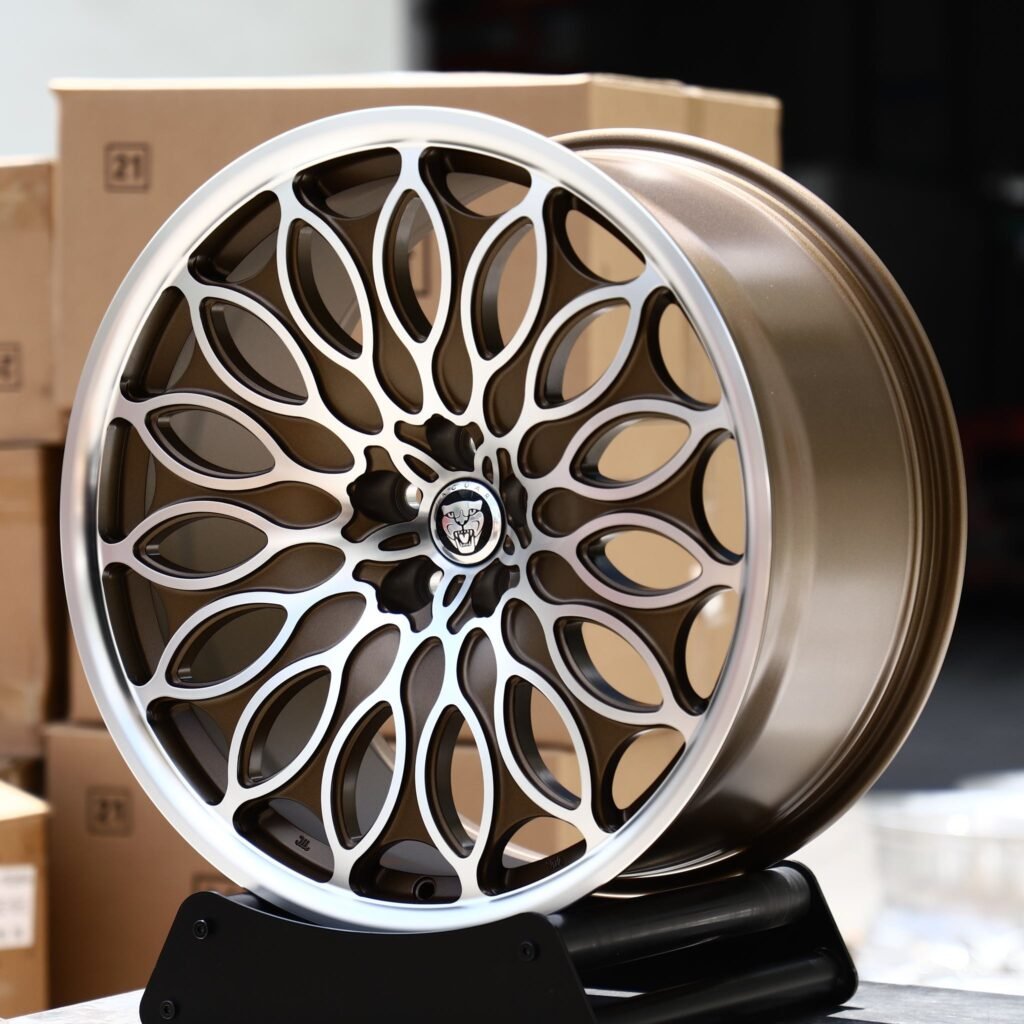 Jaguar XF wheels – Bronze Machined Petal Mesh Polished Lip (Jaguar OEM-Style), angled view
