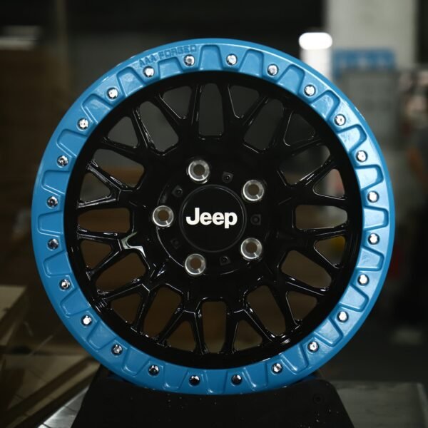 Jeep Wrangler wheels – Gloss Black Mesh Blue Bolted Ring Beadlock (Jeep OEM-Style), front view