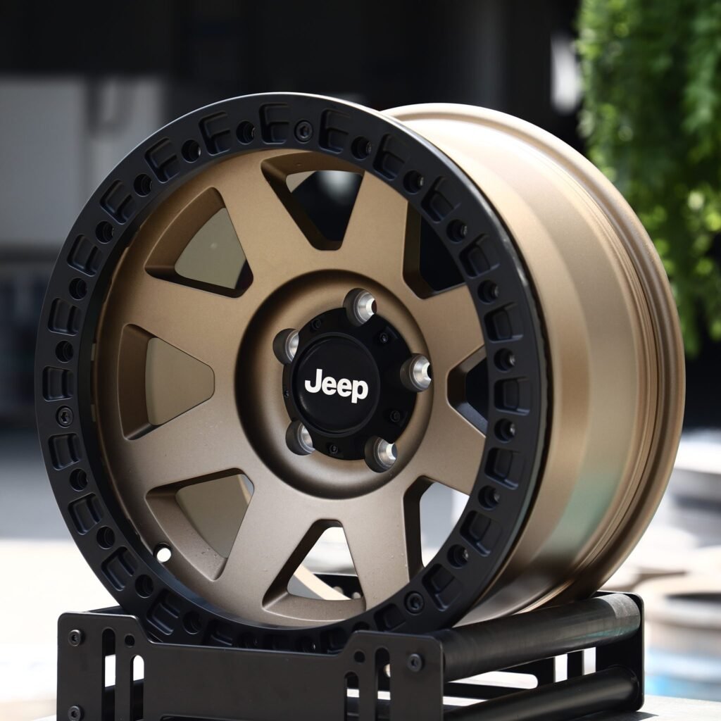 Jeep Gladiator wheels – Matte Bronze 7-Spoke Beadlock (Jeep OEM-Style), angled view