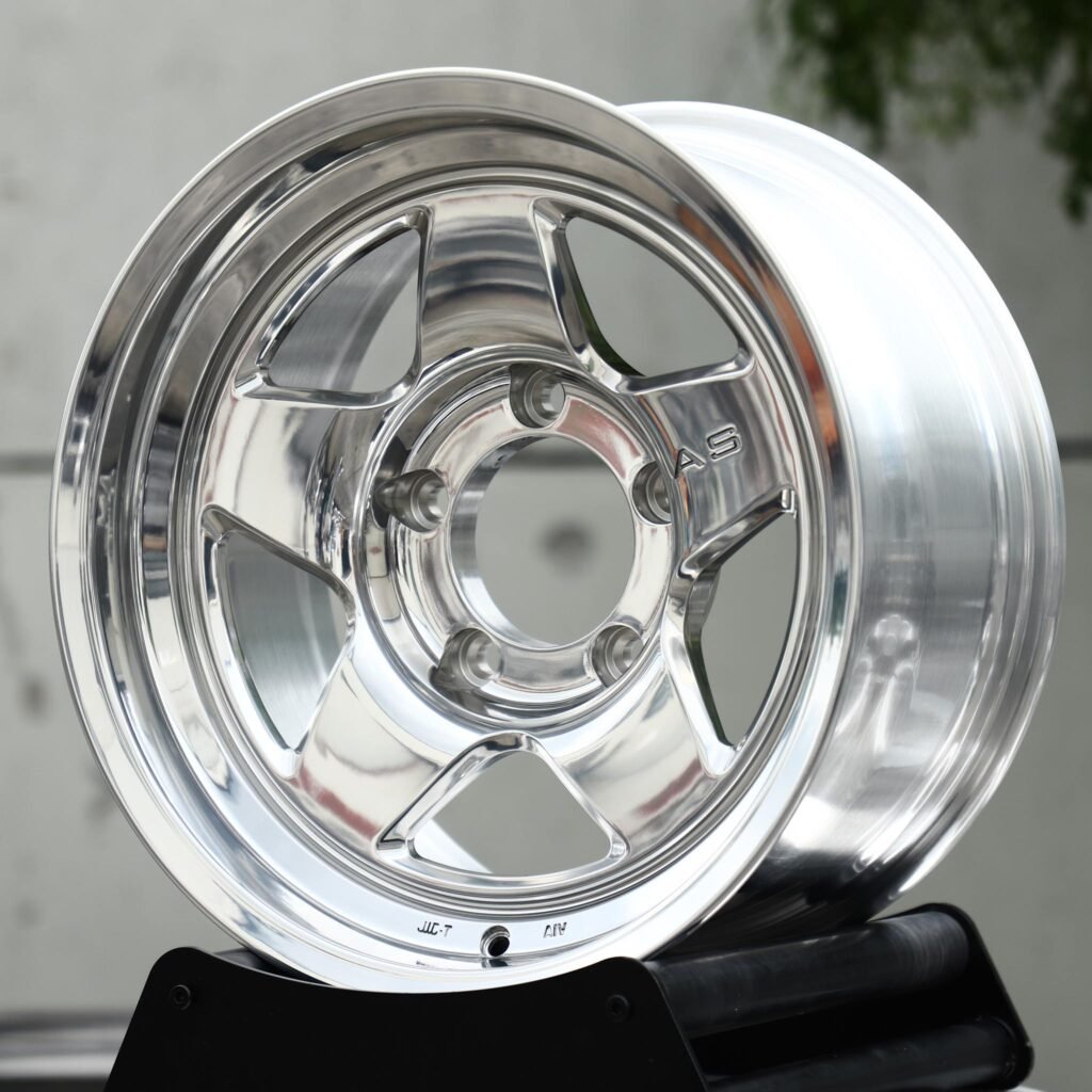 Jeep Gladiator wheels – Polished 5-Spoke Deep Dish, angled view