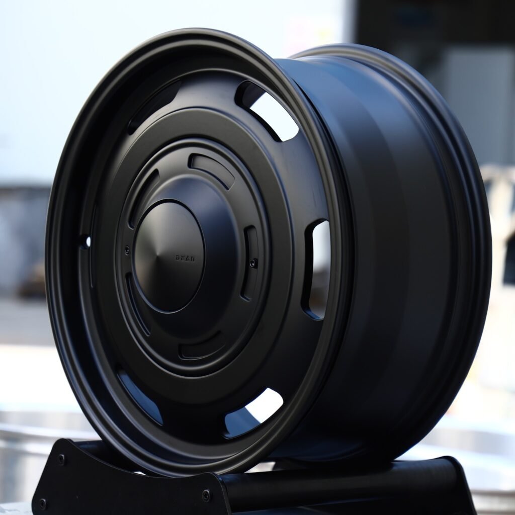 5x127 wheels – Matte Black Steel-Style Slotted (Jeep Wrangler / Land Rover Defender Off-Road Forged Wheels – Matte Black Steel-Style), side view