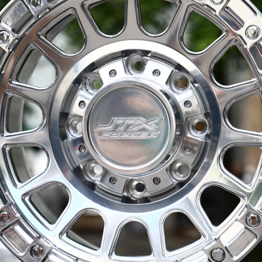 Ram 3500 wheels – Polished 16-Spoke Bolted Ring Beadlock (JTX Forged-Style), lip and barrel detail