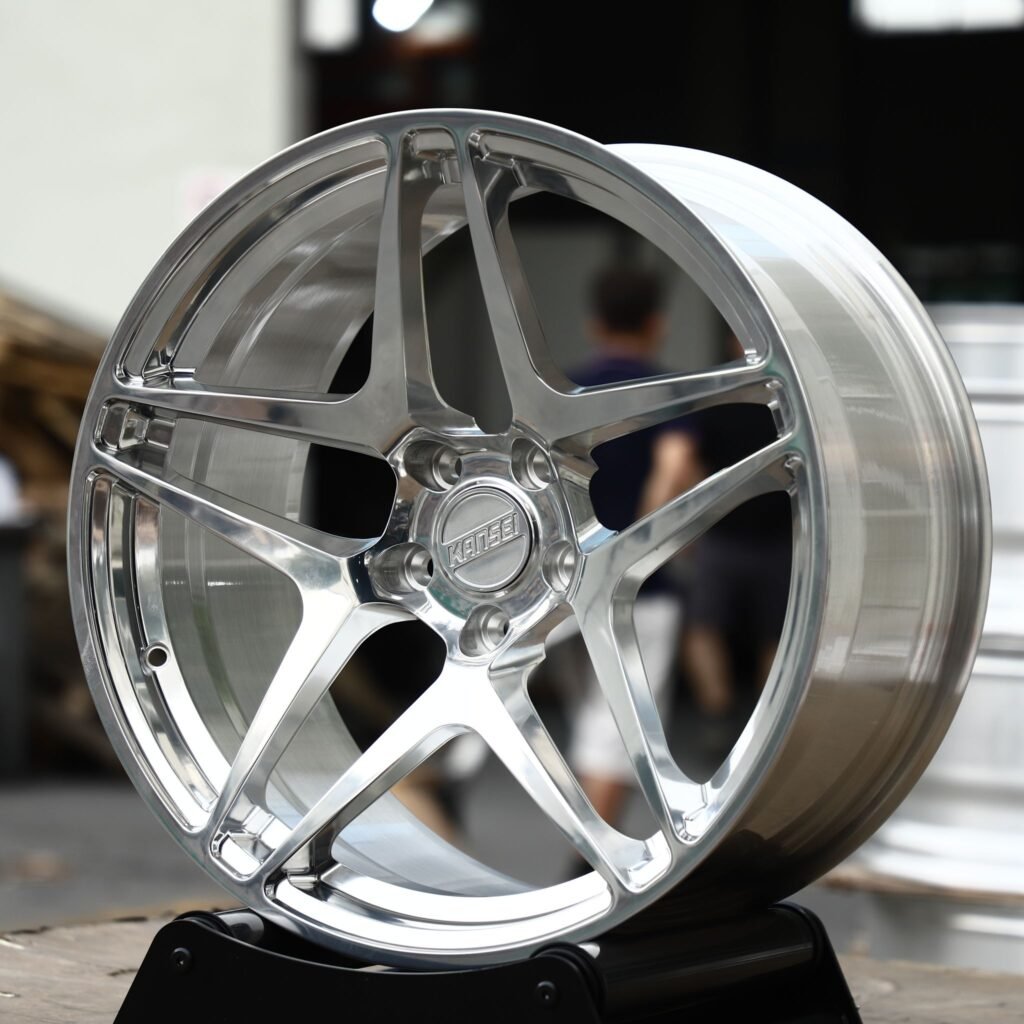 Tesla Model X wheels – Polished 5-Spoke Star Concave (Kansei-Style), angled view