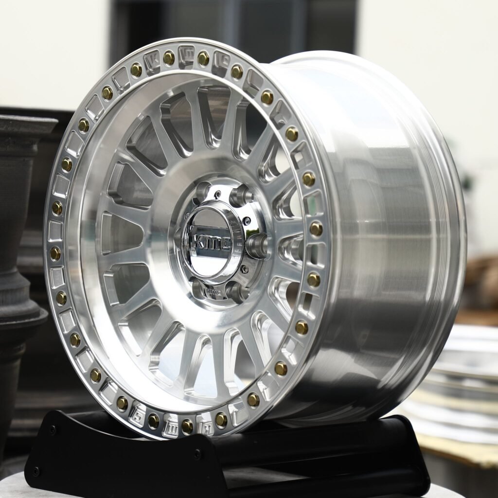 6x139.7 wheels – Brushed Silver Multi-Spoke Beadlock (KMC-Style), side view