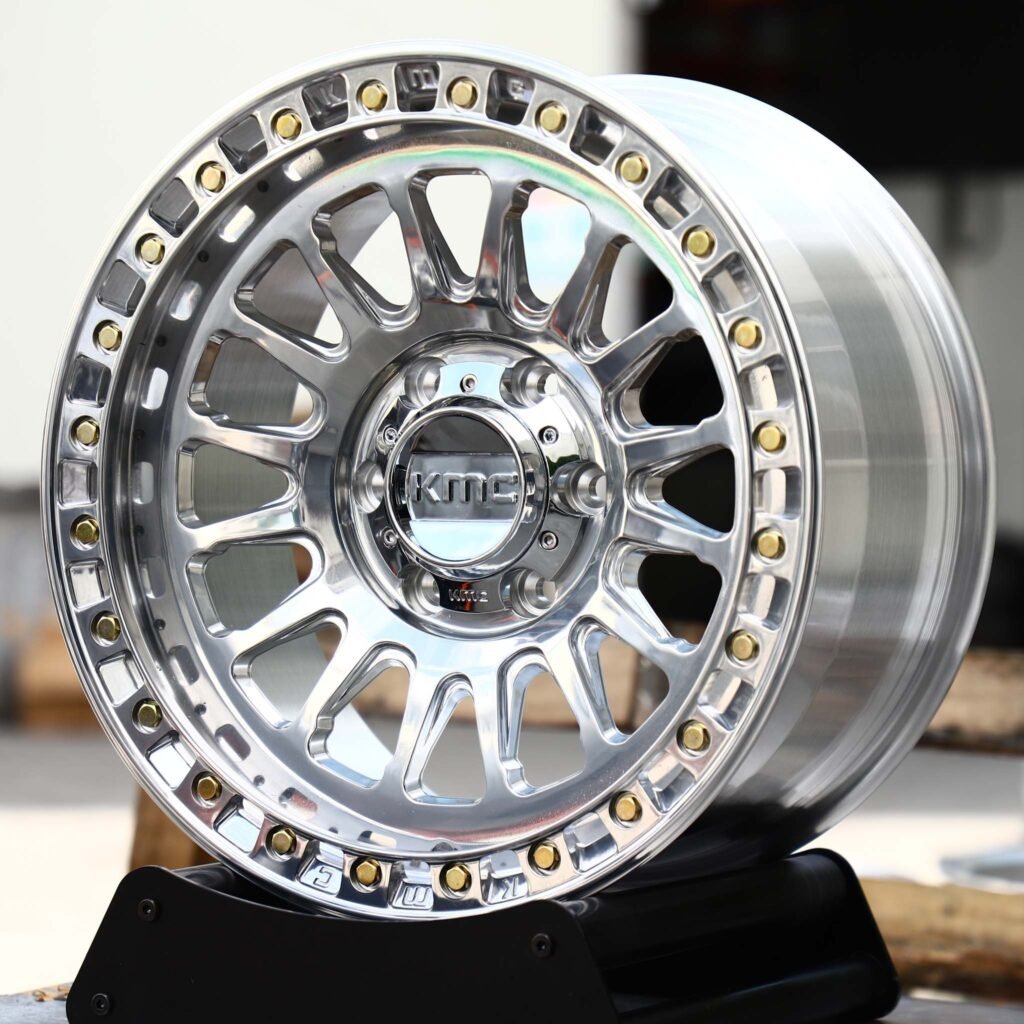 Chevrolet Silverado HD wheels – Chrome-Cap Polished 16-Spoke Bolted Ring Beadlock (KMC-Style), angled view