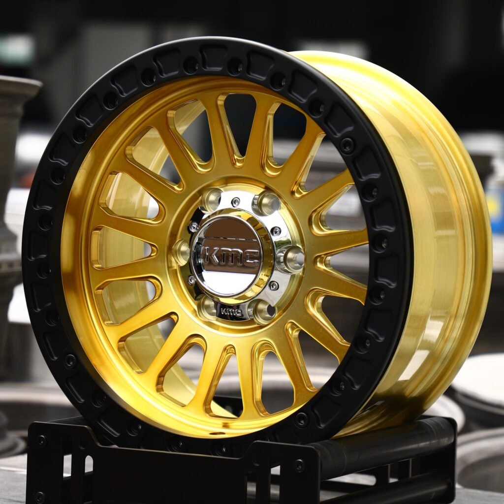 Lexus GX wheels – Gold Multi-Spoke Beadlock (KMC-Style), angled view