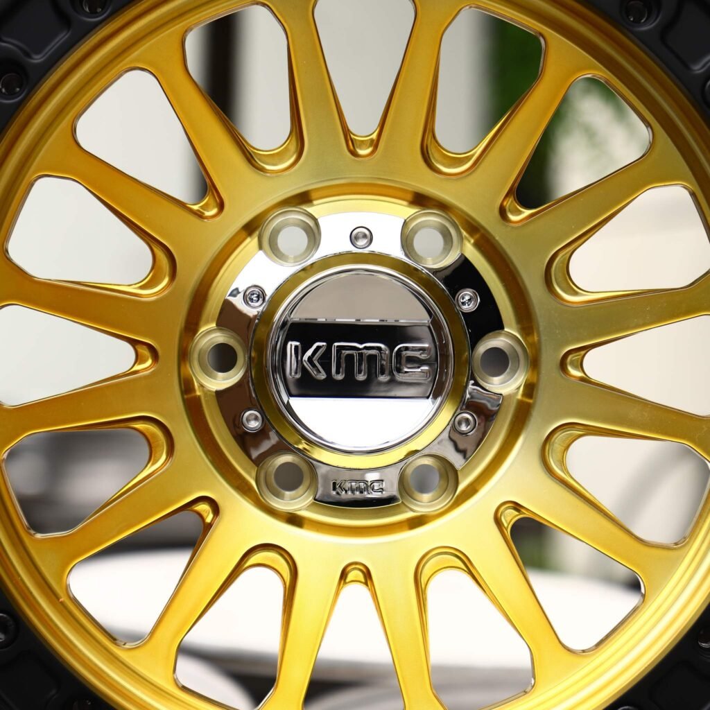 Toyota Tacoma wheels – Gold Multi-Spoke Beadlock (KMC-Style), lip and barrel detail