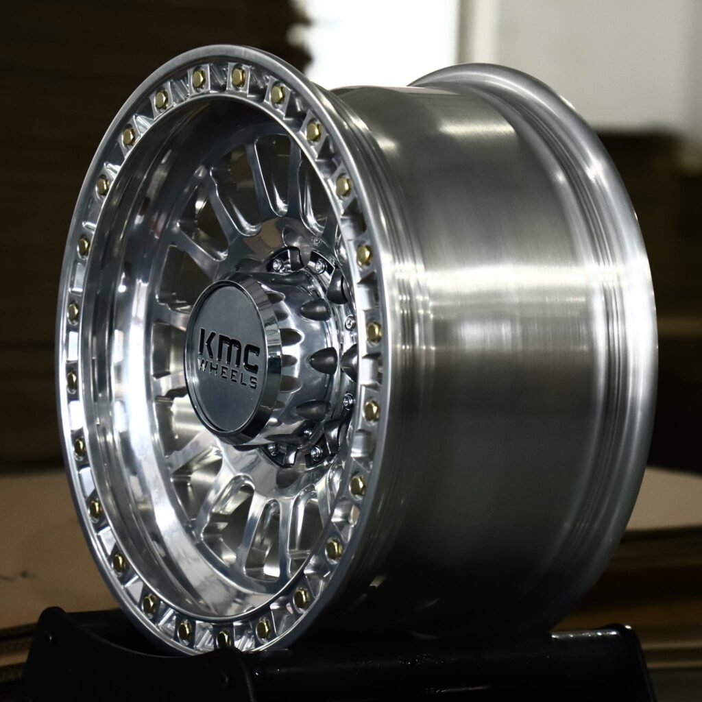 8x170 wheels – Polished 15-Spoke Bolted Ring Black Insert Beadlock (KMC-Style), side view