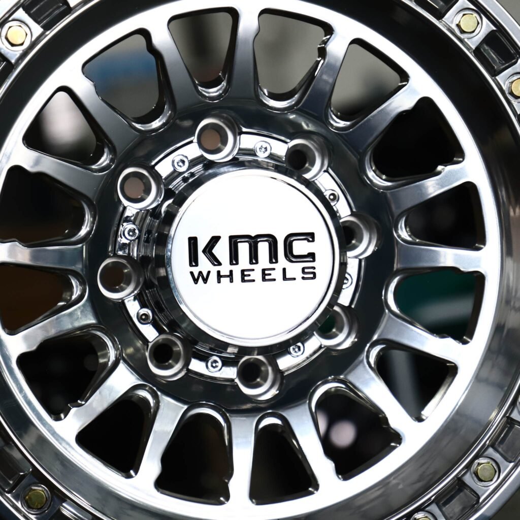 Ram 3500 wheels – Polished 15-Spoke Bolted Ring Black Insert Beadlock (KMC-Style), lip and barrel detail