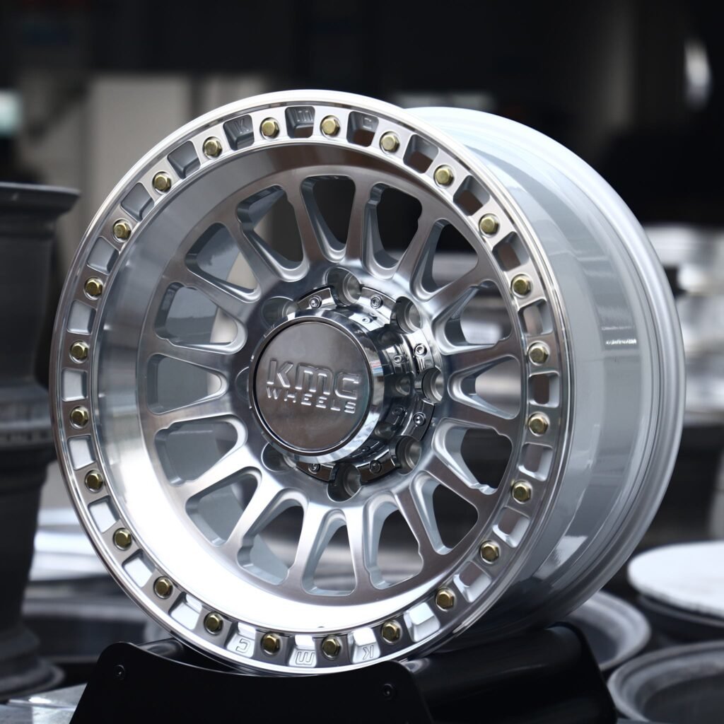 Ram 2500 wheels – Polished Multi-Spoke Floating Bolt Lip (KMC-Style), angled view