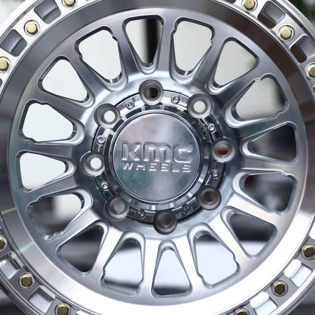Ram 3500 wheels – Polished Multi-Spoke Floating Bolt Lip (KMC-Style), lip and barrel detail