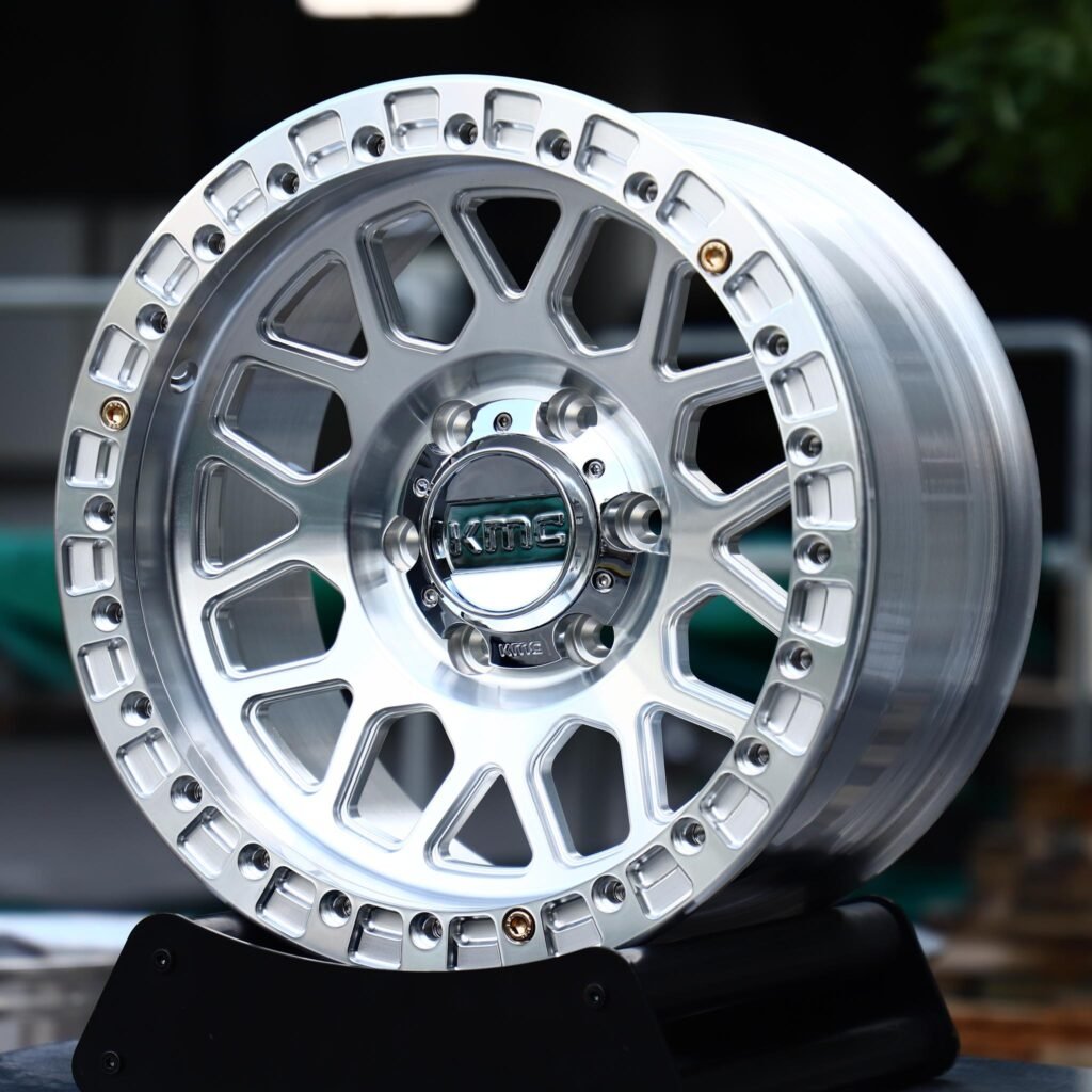 Chevrolet Silverado wheels – Polished Y-Spoke Bolted Ring Chrome Cap Beadlock (KMC-Style), angled view