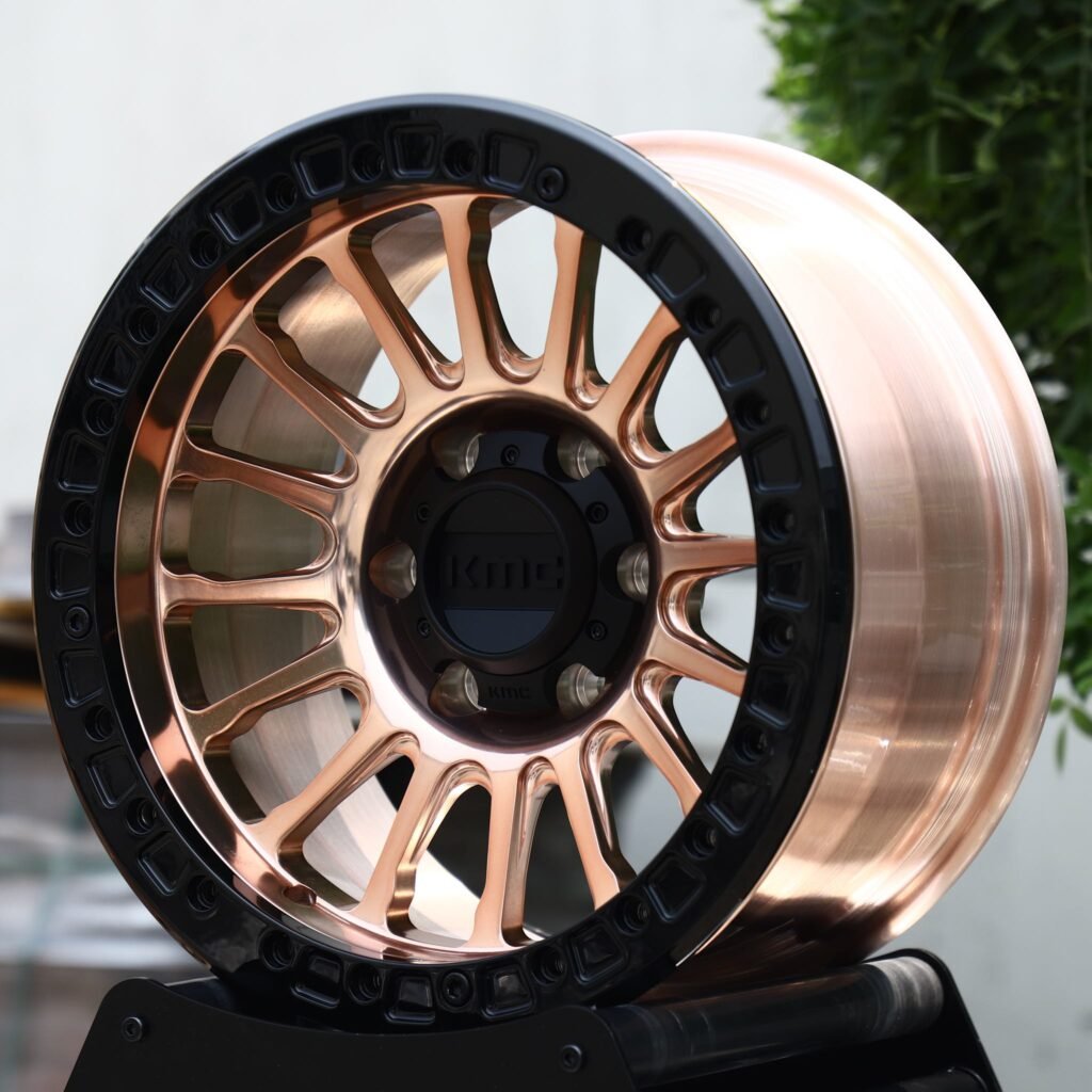 Chevrolet Silverado 1500 wheels – Transparent Copper Multi-Spoke Beadlock (KMC-Style), angled view