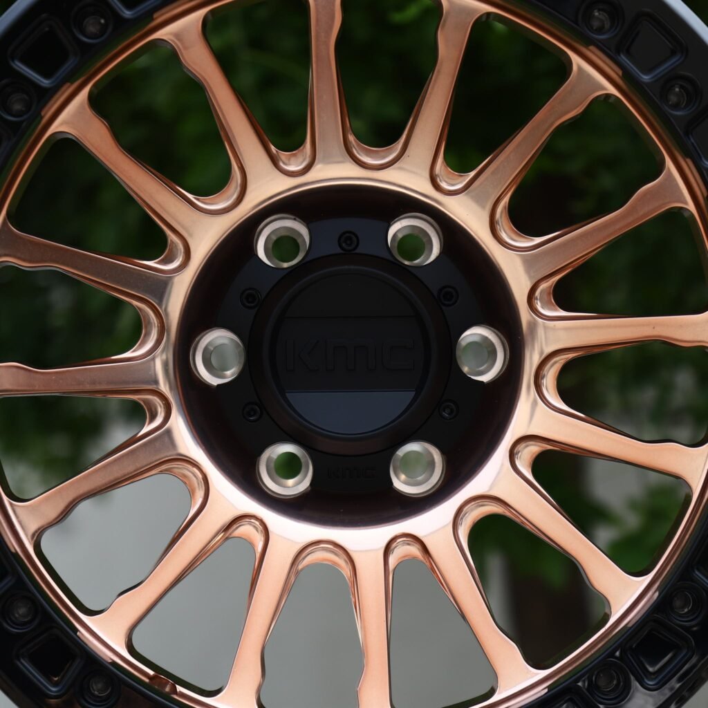 Toyota Tacoma wheels – Transparent Copper Multi-Spoke Beadlock (KMC-Style), lip and barrel detail